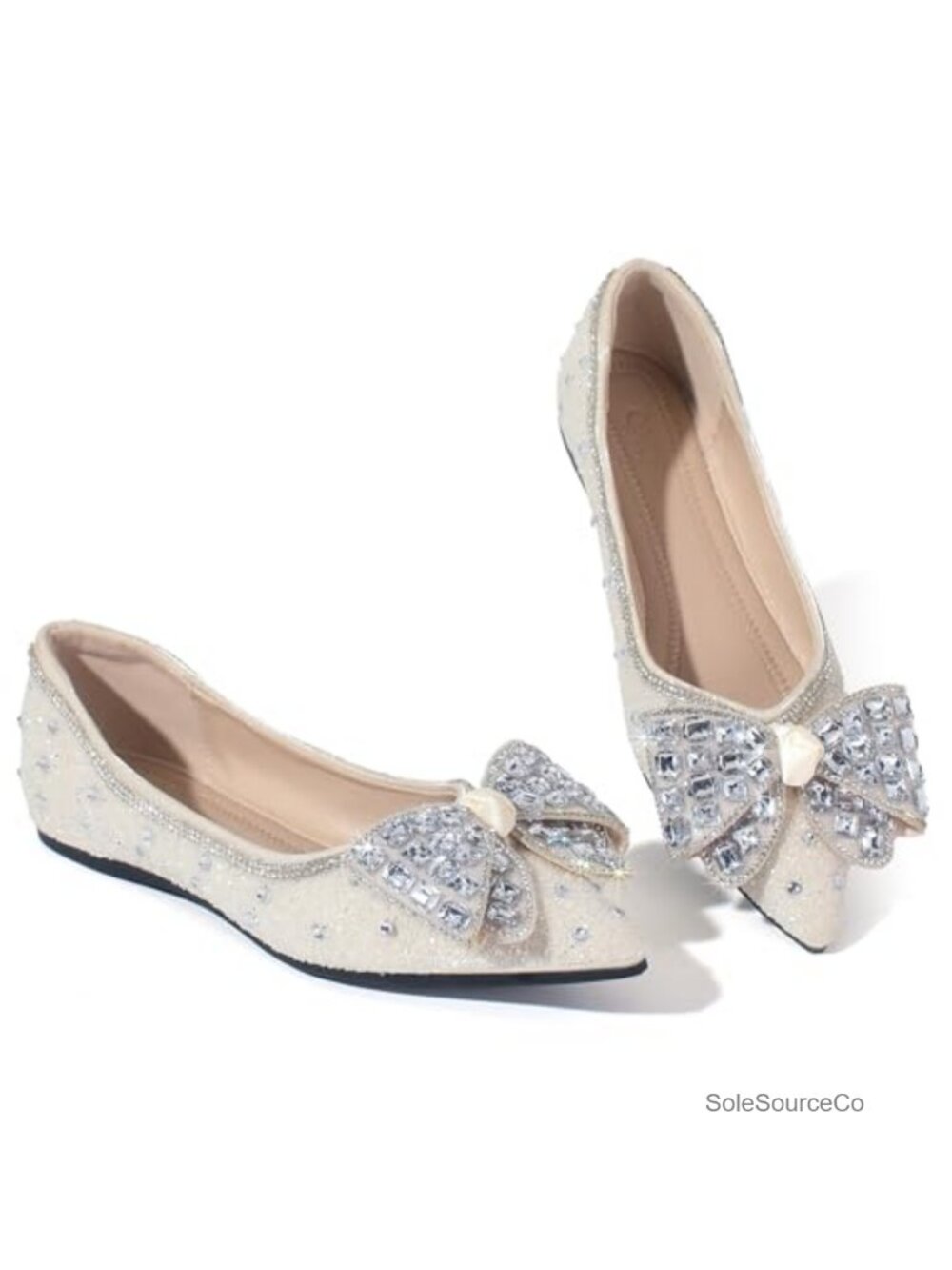 Women's Ballet Flats with Bow Rhinestone Sequins Pointed Toe Slip On